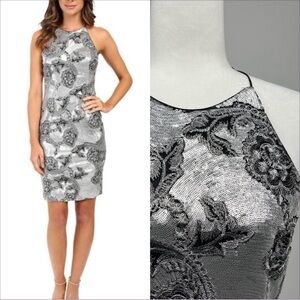 Calvin Klein floral sequin silver formal midi dress size 6